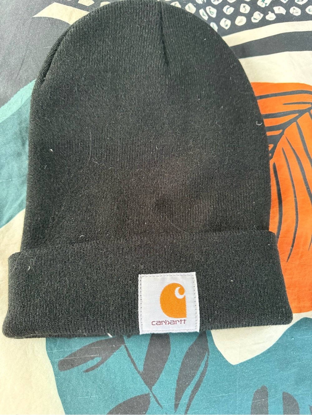 Carhartt Black Cuffed Beanie with Orange Logo Patch